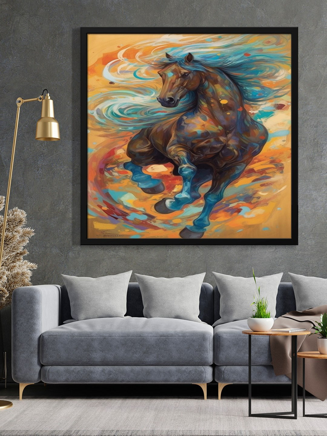 999Store Black & Brown Running Horse Painted Framed Wall Art
