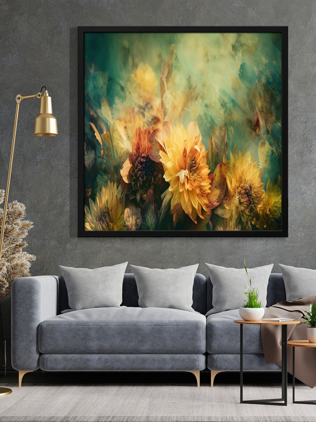 999Store Green & Yellow Flower Art With Abstract Effect Painted Framed Wall Art