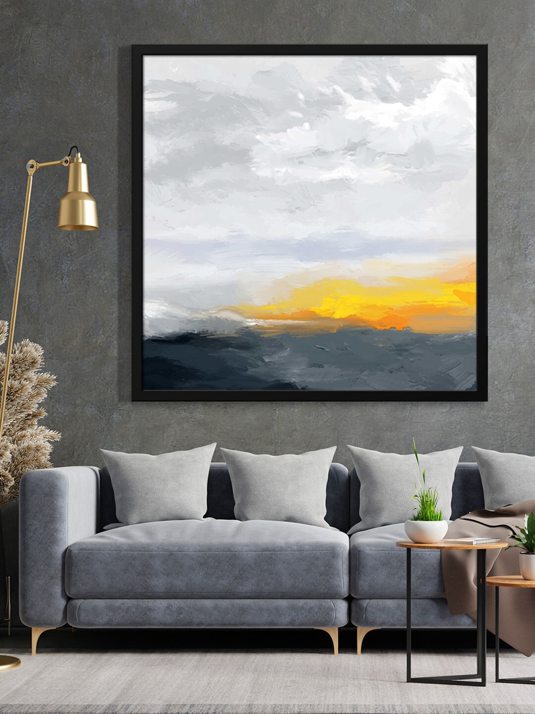 999Store Grey & Yellow Abstract Painted Framed Wall Art