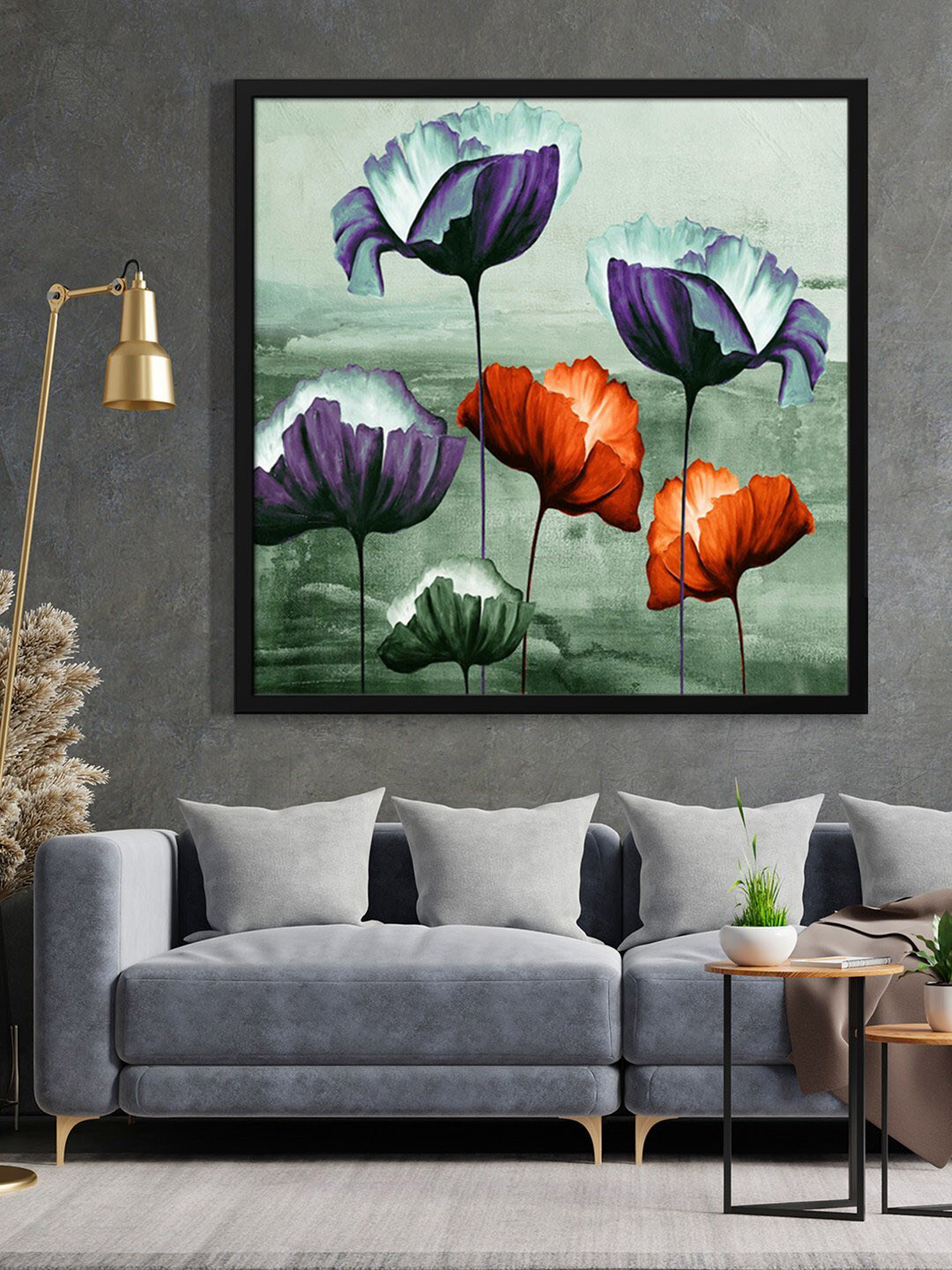 999Store Teal Green & Purple Flower Painted Framed Wall Art