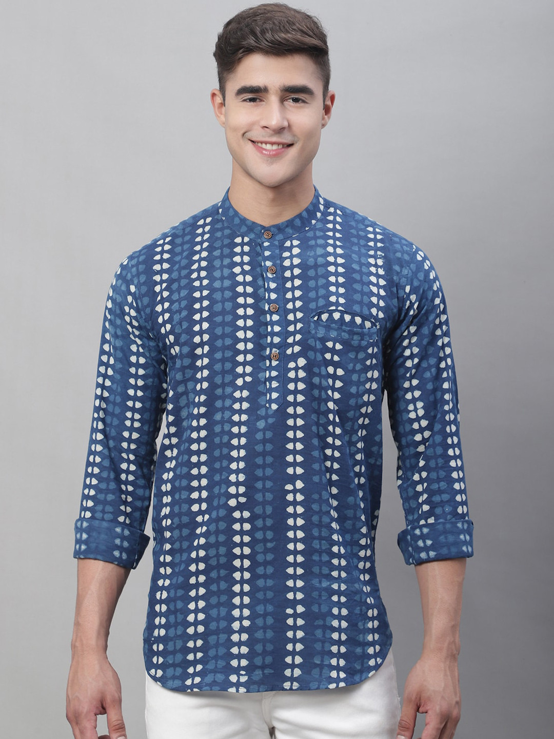 Pistaa Men Ethnic Motifs Hand Block Printed Pure Cotton Indigo Kurta