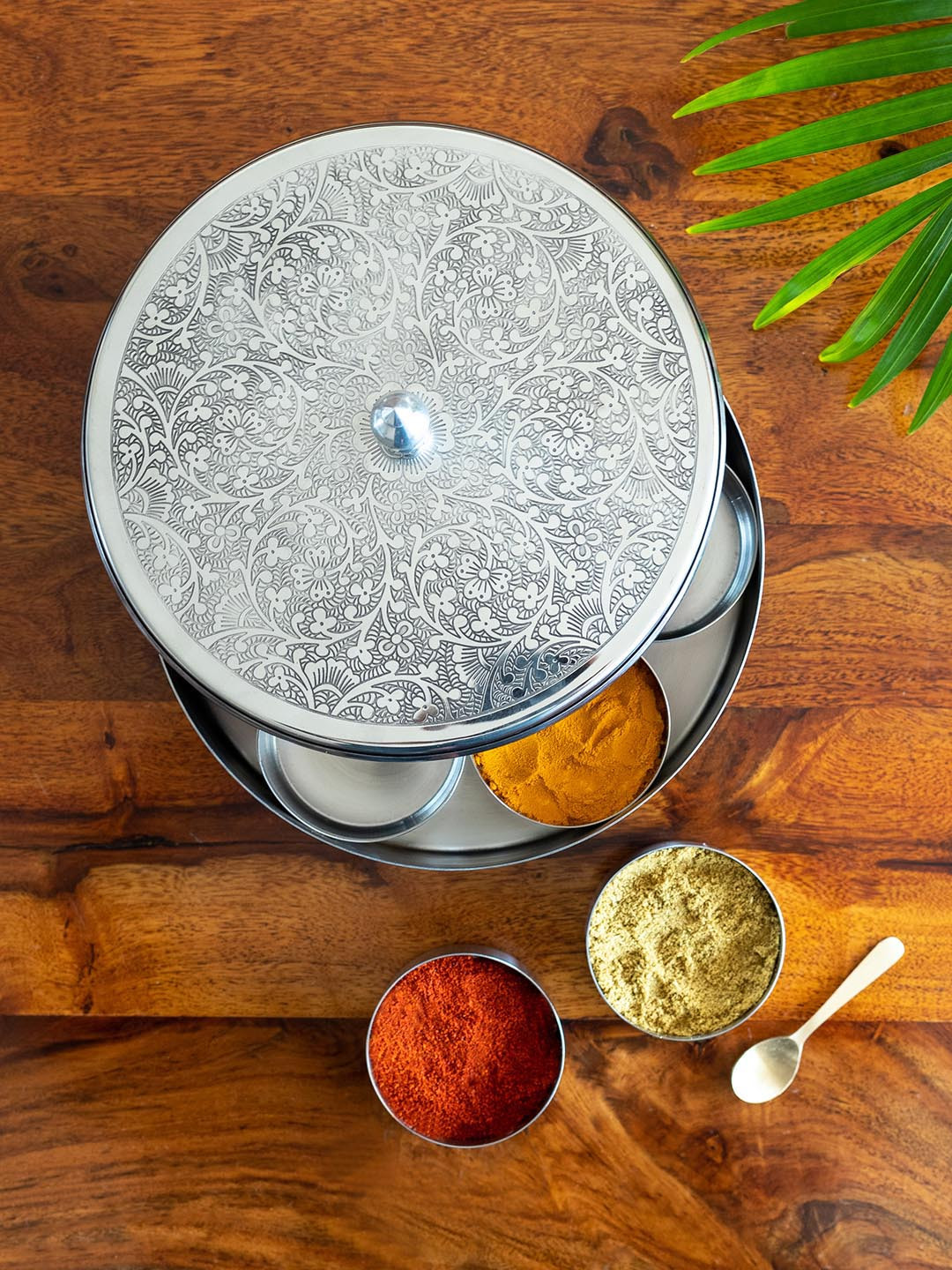 ExclusiveLane Floral Printed Metal Spice Box With Spoon