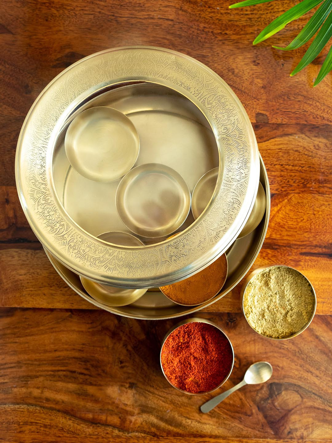ExclusiveLane Spice Box With Spoon In Brass with 7 Containers 100 ml
