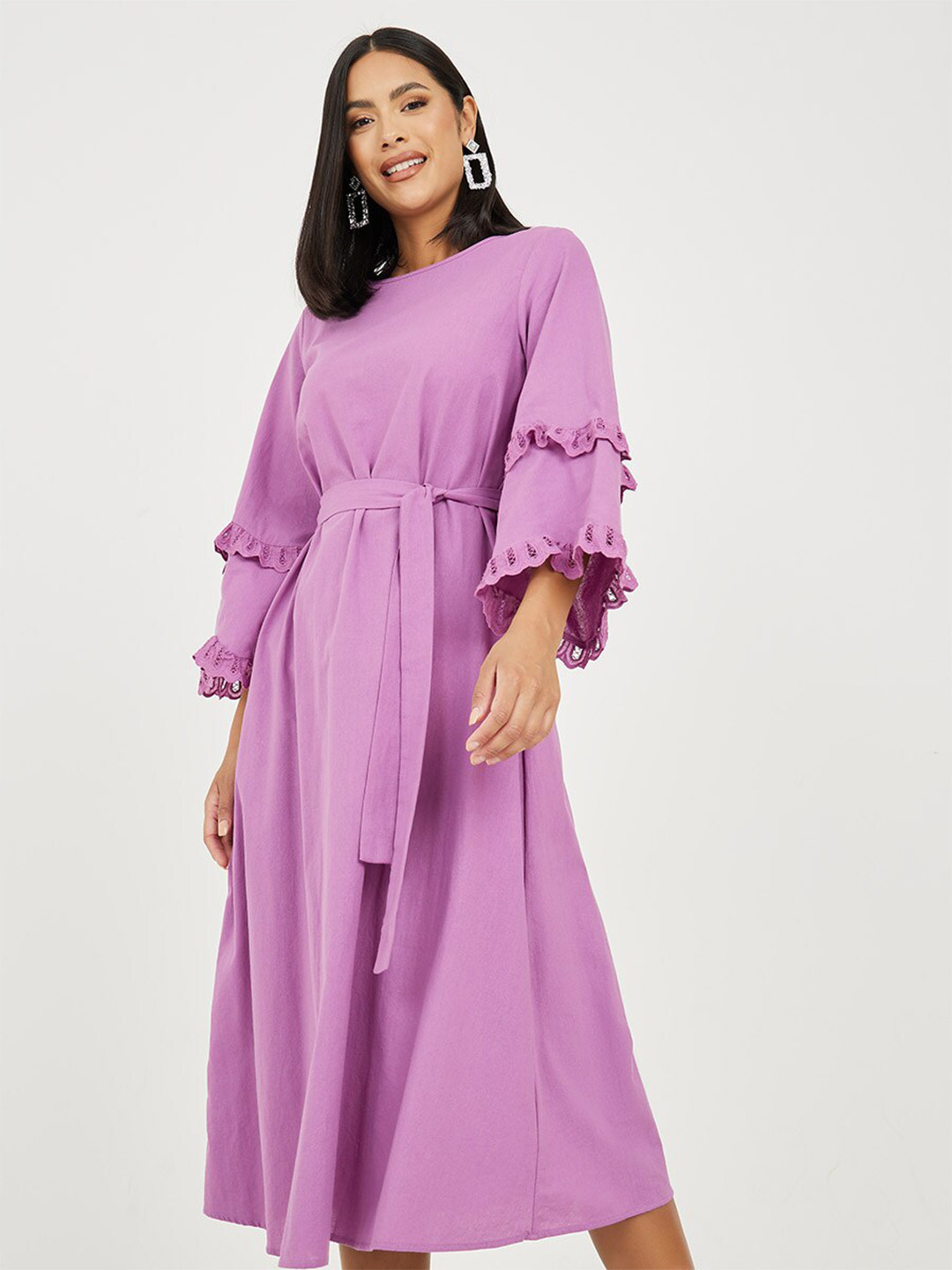 Styli Purple Flared Sleeve Cotton A-Line Midi Dress