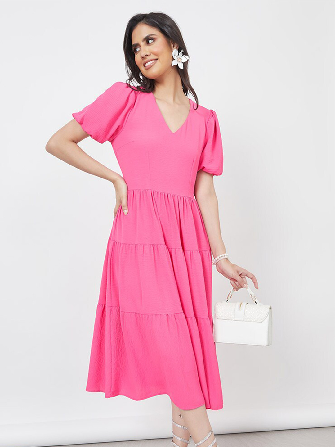 Styli Pink Tiered Fit & Flare Midi Dress