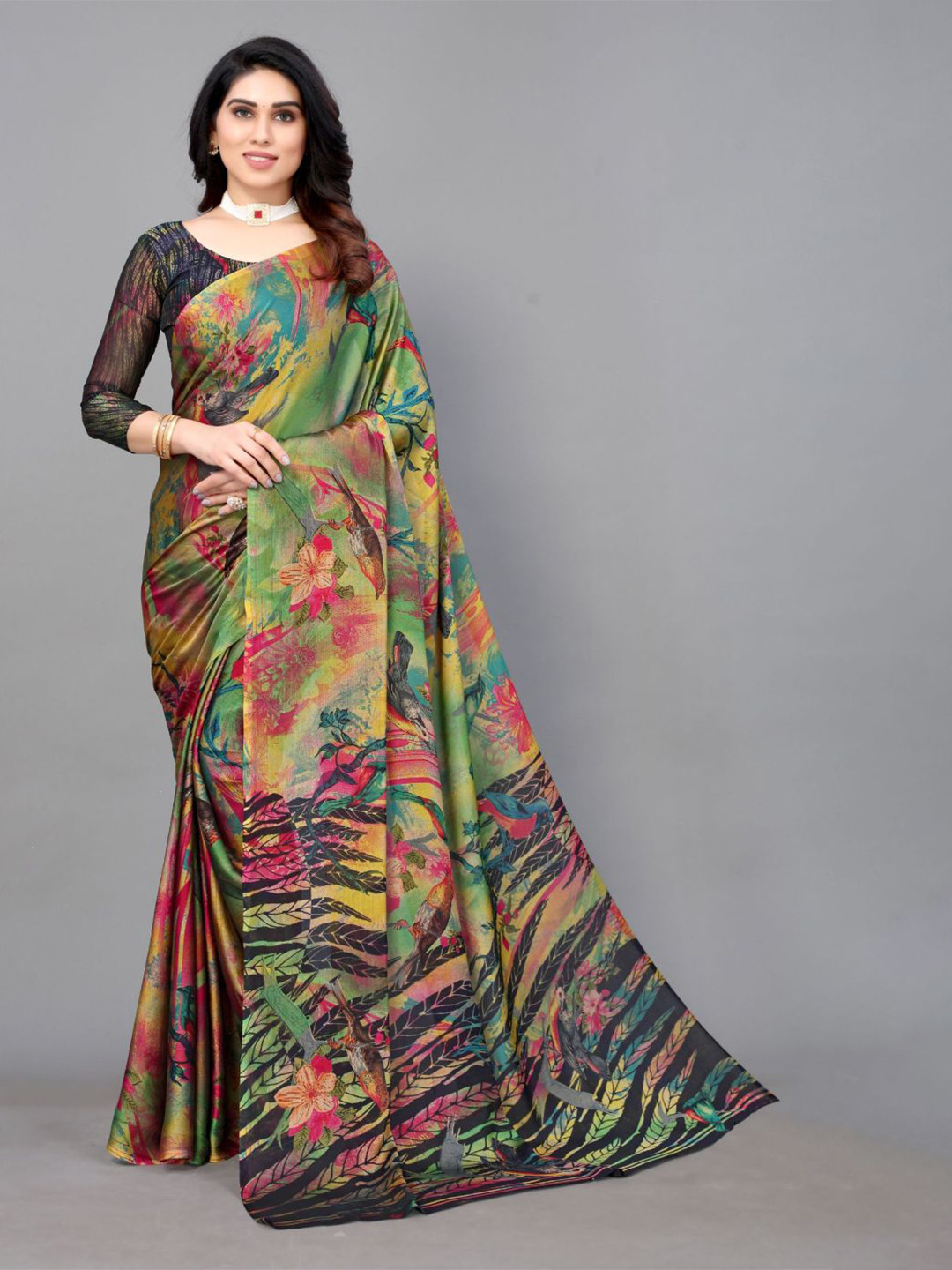 FABMORA Floral Printed Poly Chiffon Saree