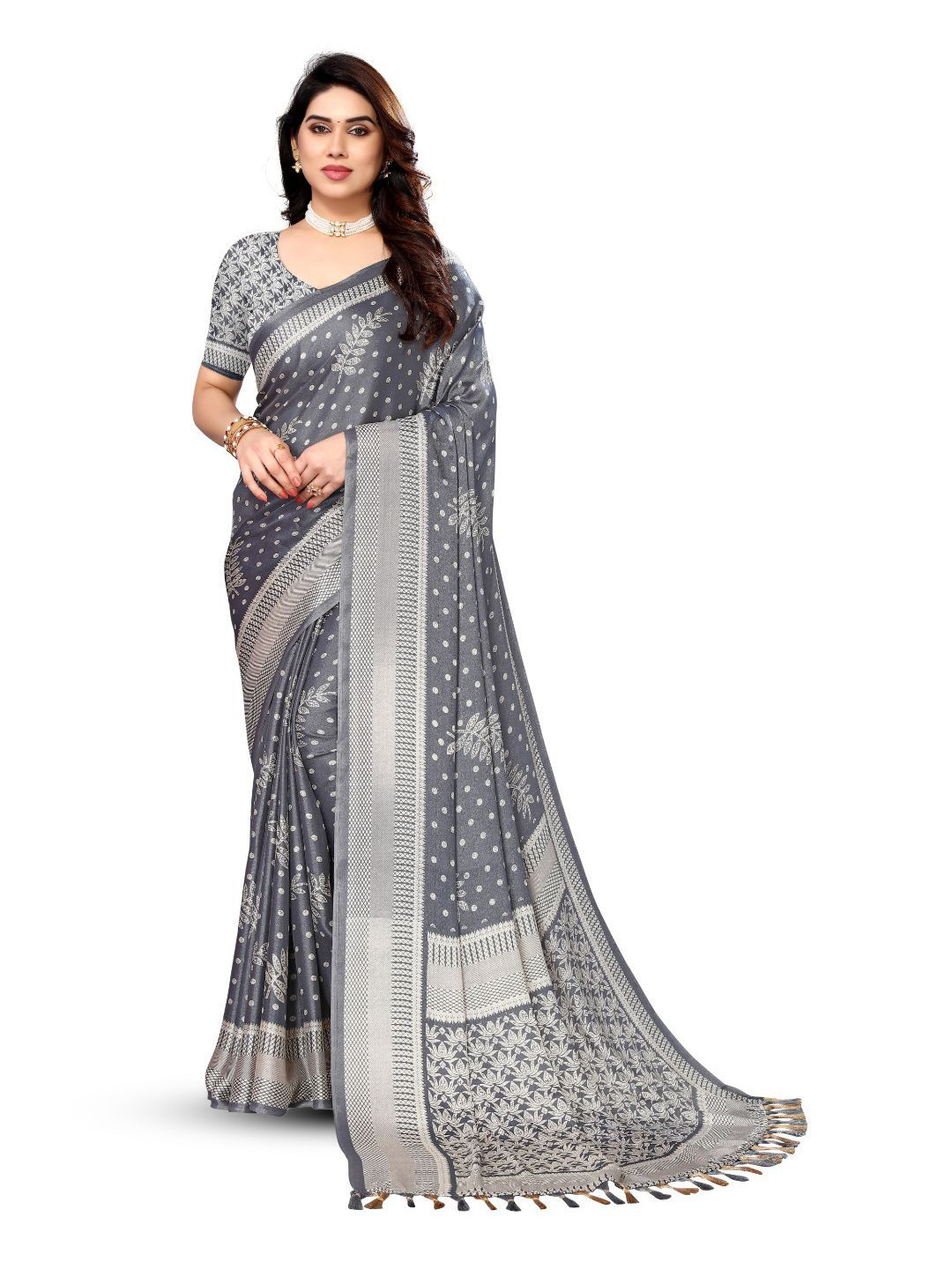 FABMORA Polka Dot Printed Pure Chiffon Saree