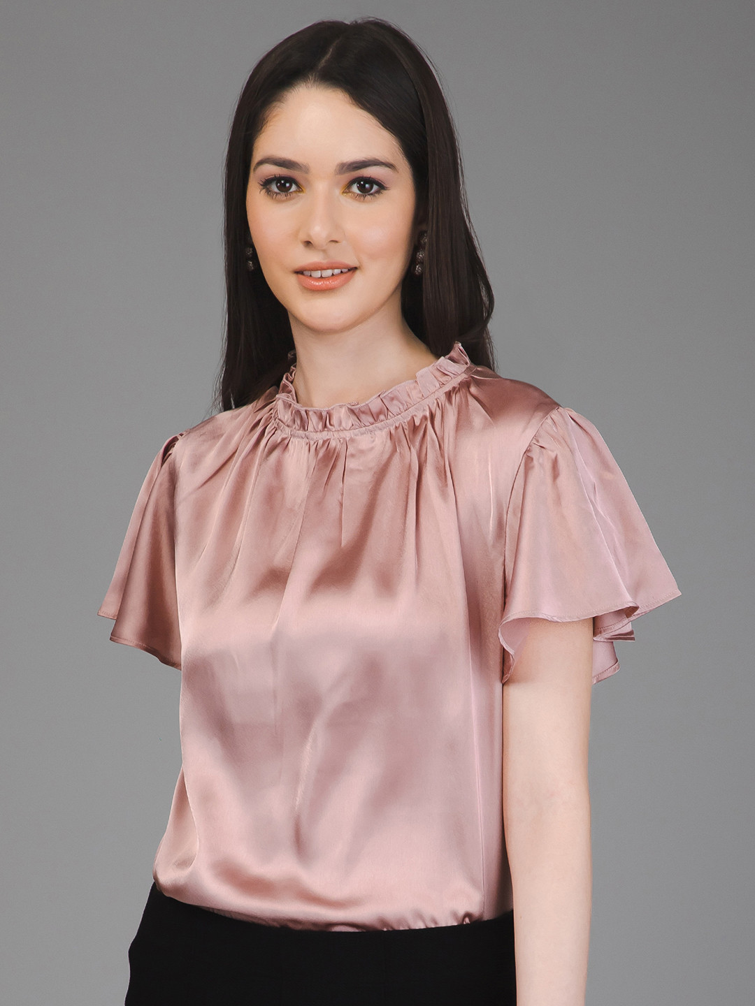 PURYS High Neck Flared Sleeves Gathered Or Pleated Satin Top