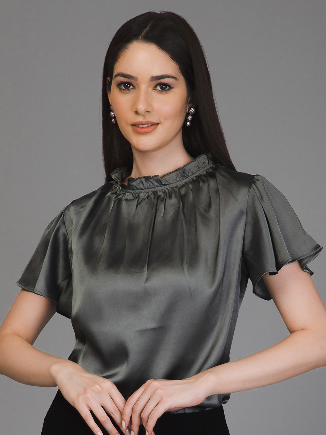 PURYS High Neck Flared Sleeves Gathered Or Pleated Satin Top