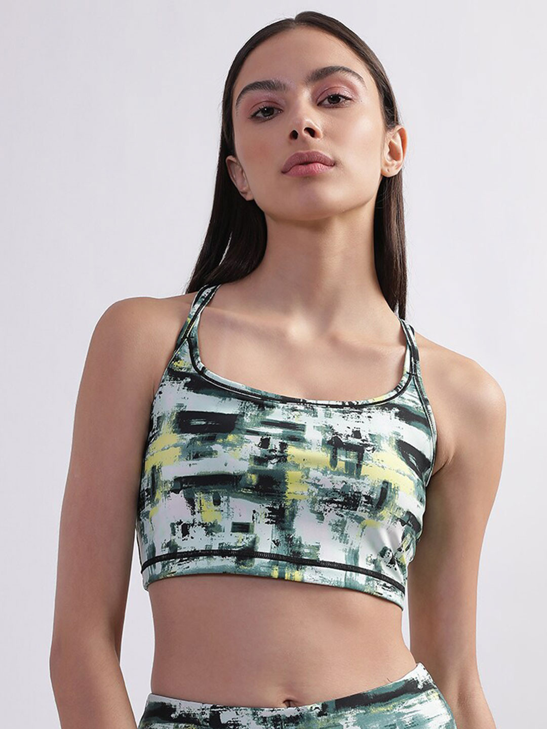 DKNY Abstract Printed Full Coverage Racerback Lightly Padded  Workout Sports Bra
