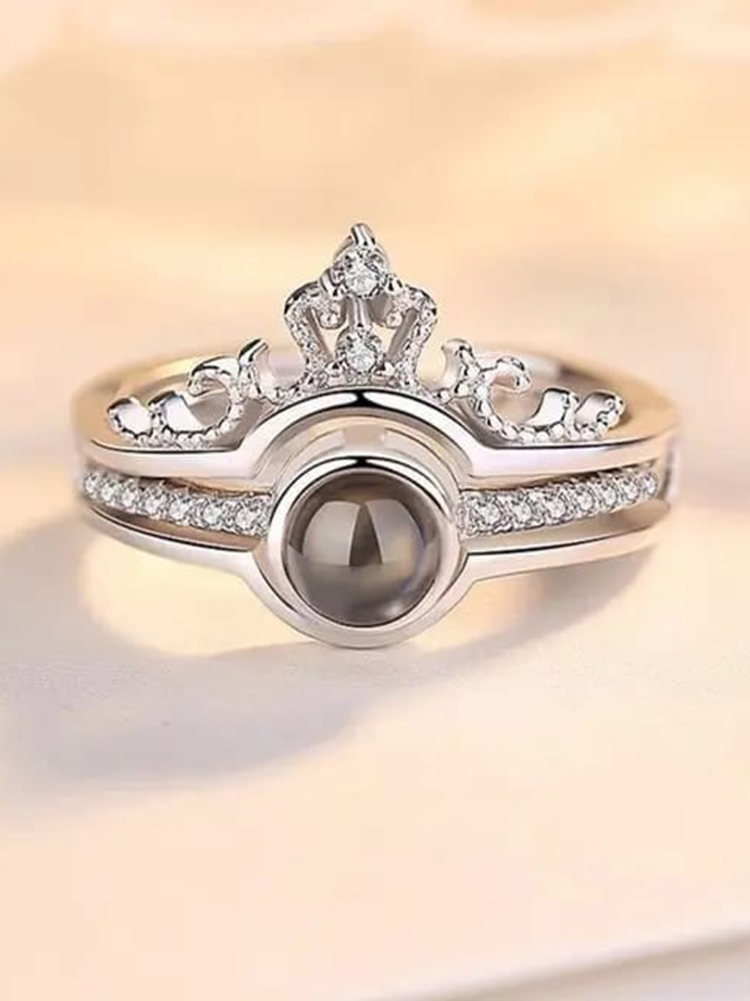 VIEN Set Of 2 Silver-Plated CZ Studded Adjustable Couple Finger Rings