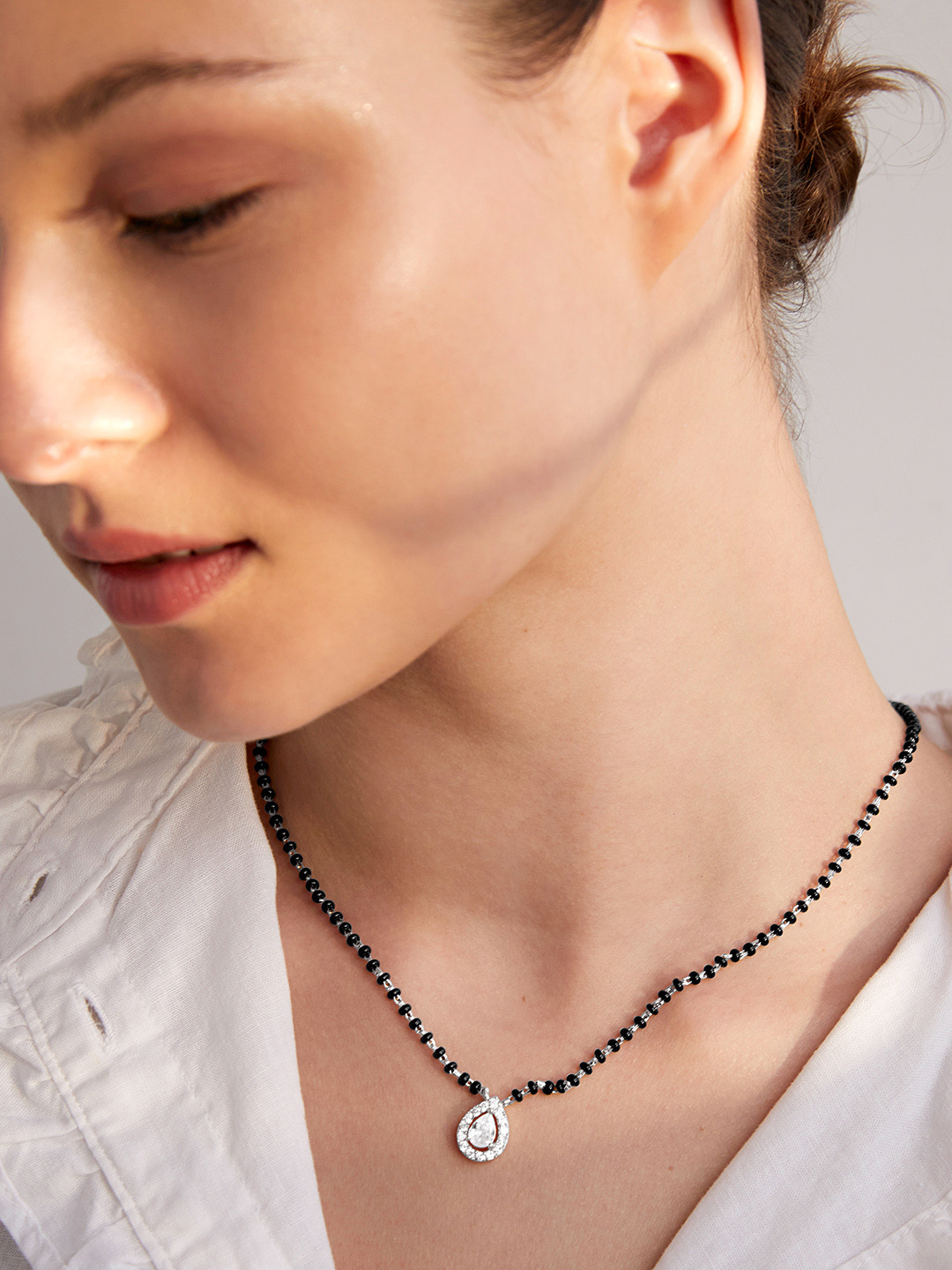 AIKA BY MINUTIAE Silver-Plated Pear Shape Solitaire Mangalsutra