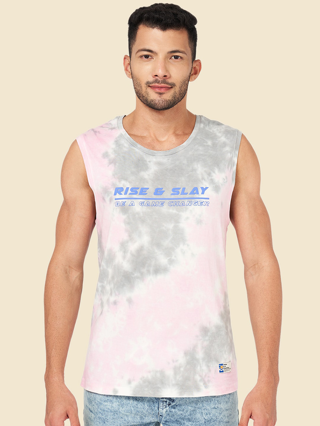 People Grey & Pink Tie- Dyed Cotton Basic Vest