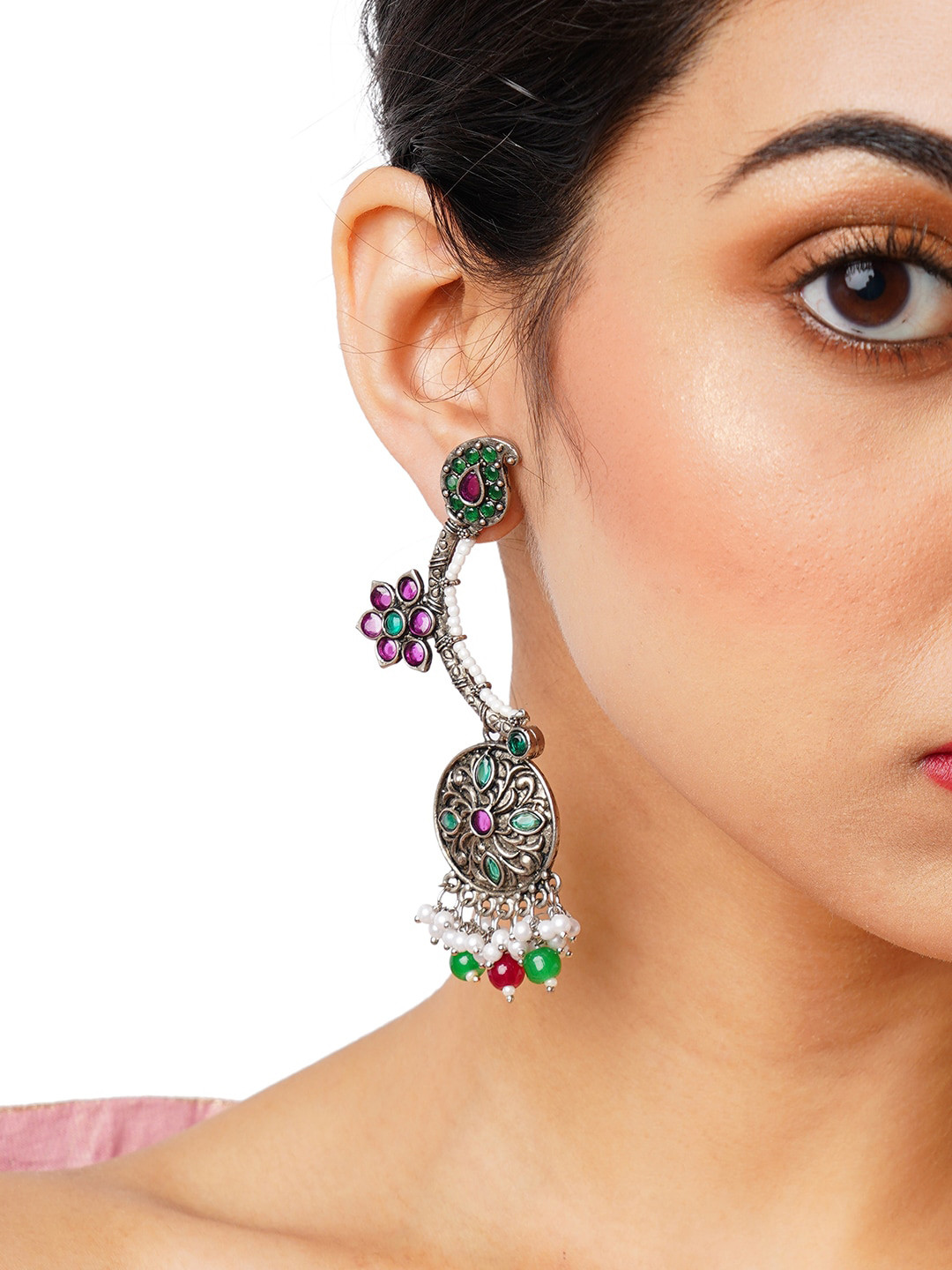 Anouk Pink & Green Silver-Plated Beads And Stone Studded Drop Earrings