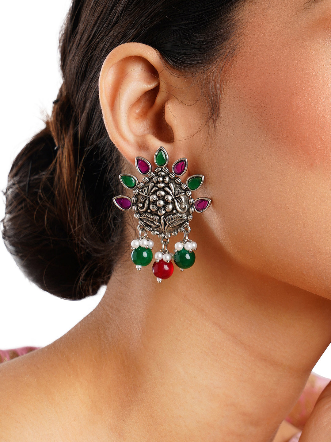Anouk Green & Pink Silver-Plated Stones And Beads Studded Drop Earrings