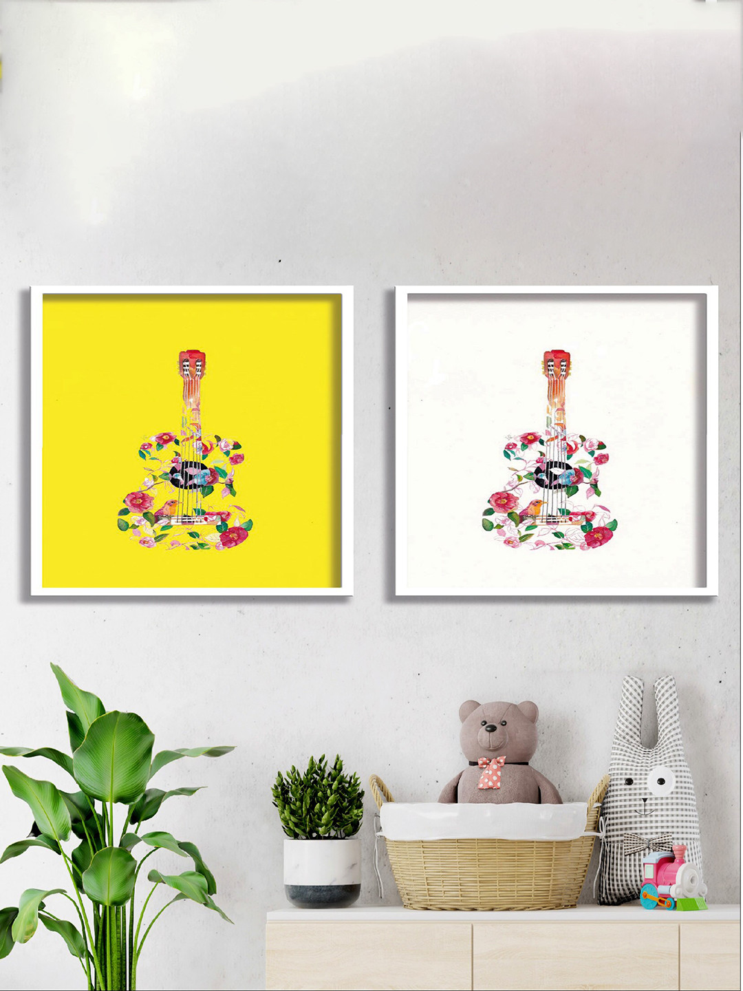 SAF Yellow & White 2 Pieces Guitar Printed High Definition Waterproof Wall Art