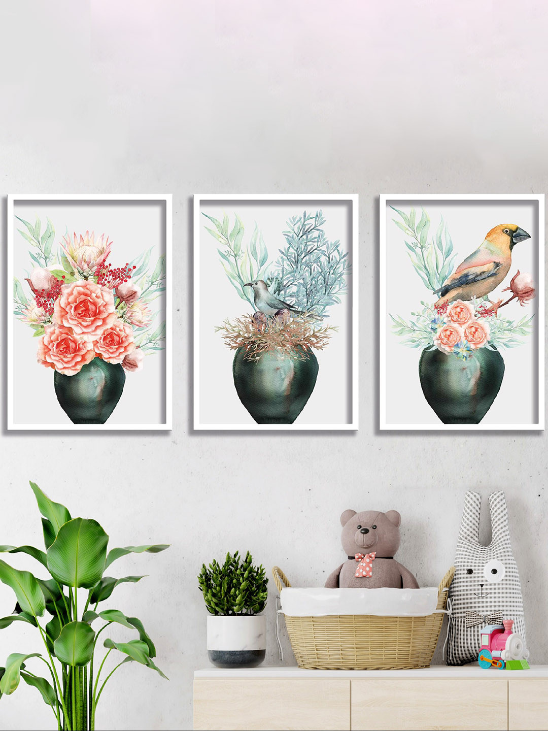 SAF Peach Colored & Green 3 Pieces Flower Pot Printed High Definition Waterproof Wall Arts