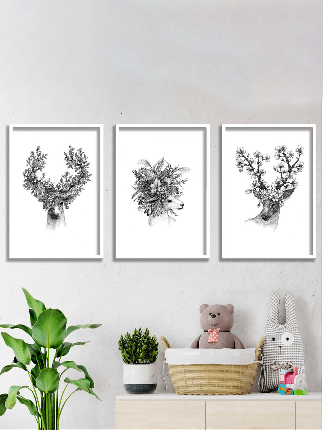 SAF Grey & White 3-Pieces Deer Printed High Definition Waterproof Framed Wall Art