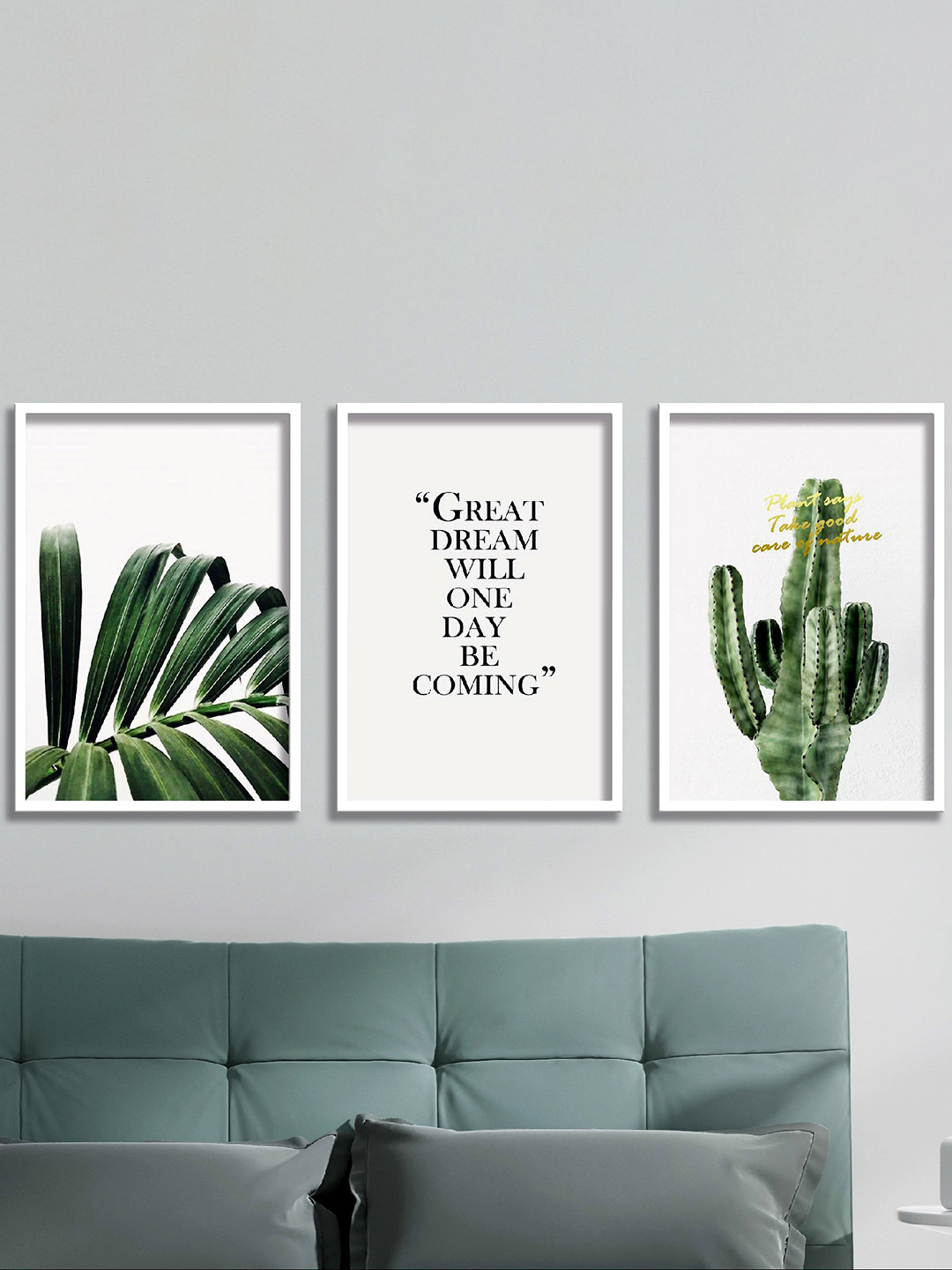 SAF Green & Black 3-Pieces Tropical Leaves Printed High Definition Framed Wall Art