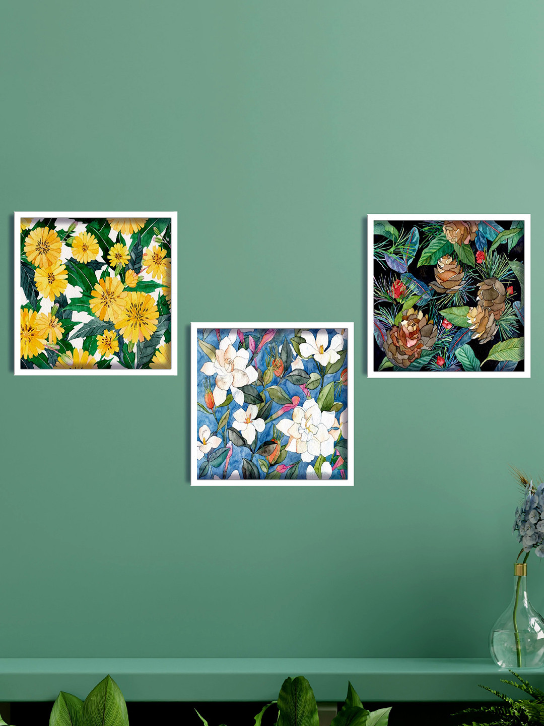 SAF Yellow & Green 3-Pieces Flower Printed High Definition Waterproof Framed Wall Art