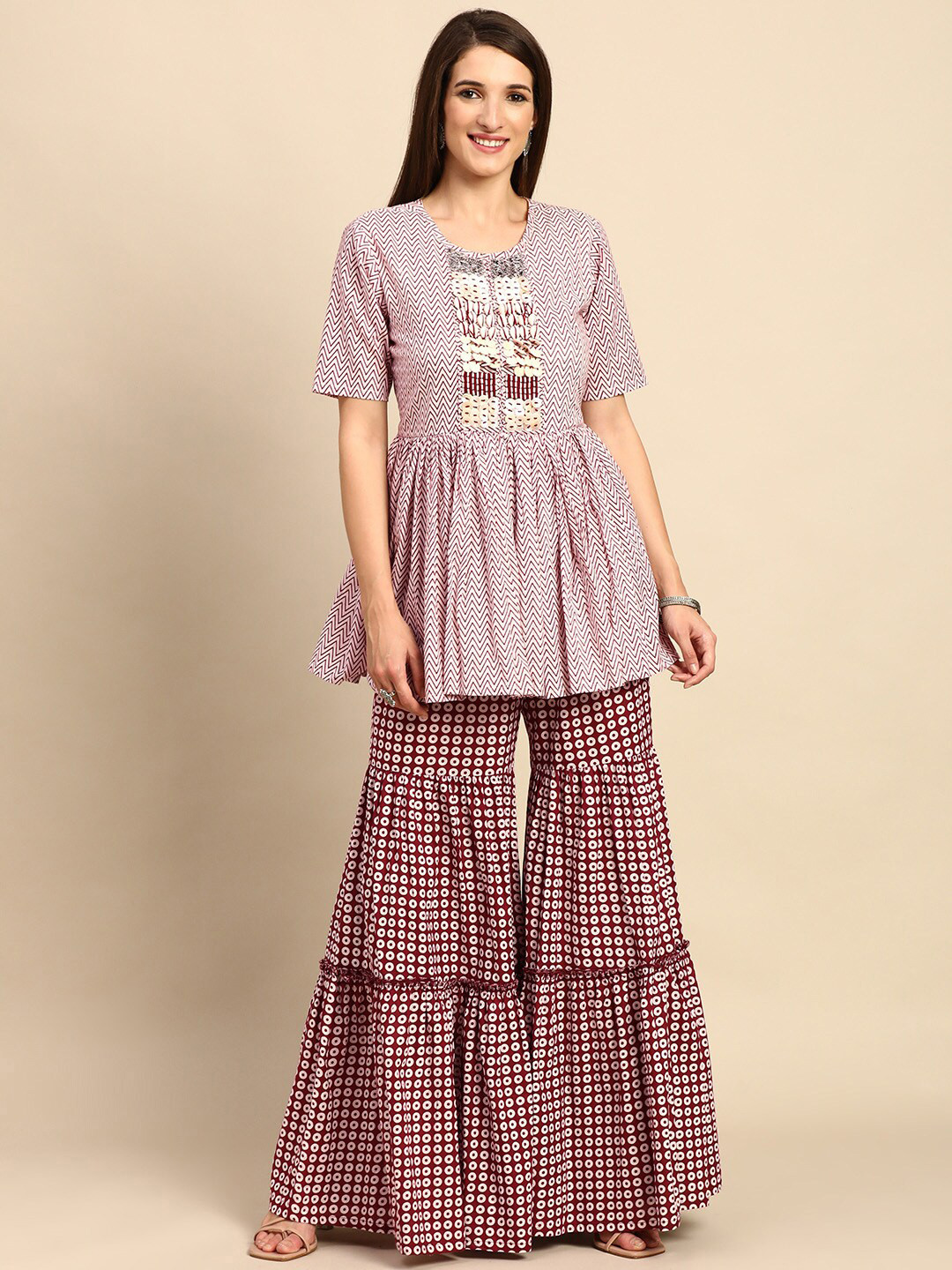 KALINI Chevron Printed Bead Work Pure Cotton Kurti with Sharara