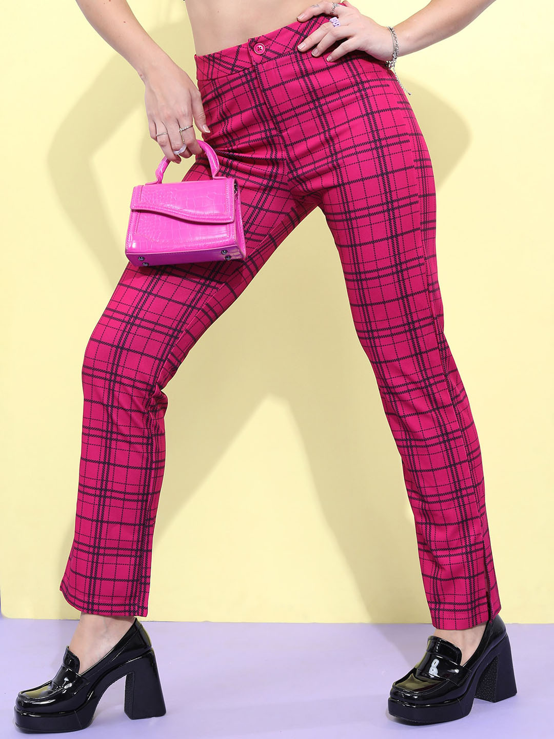 KETCH Women Checked Split Hem Regular Trousers