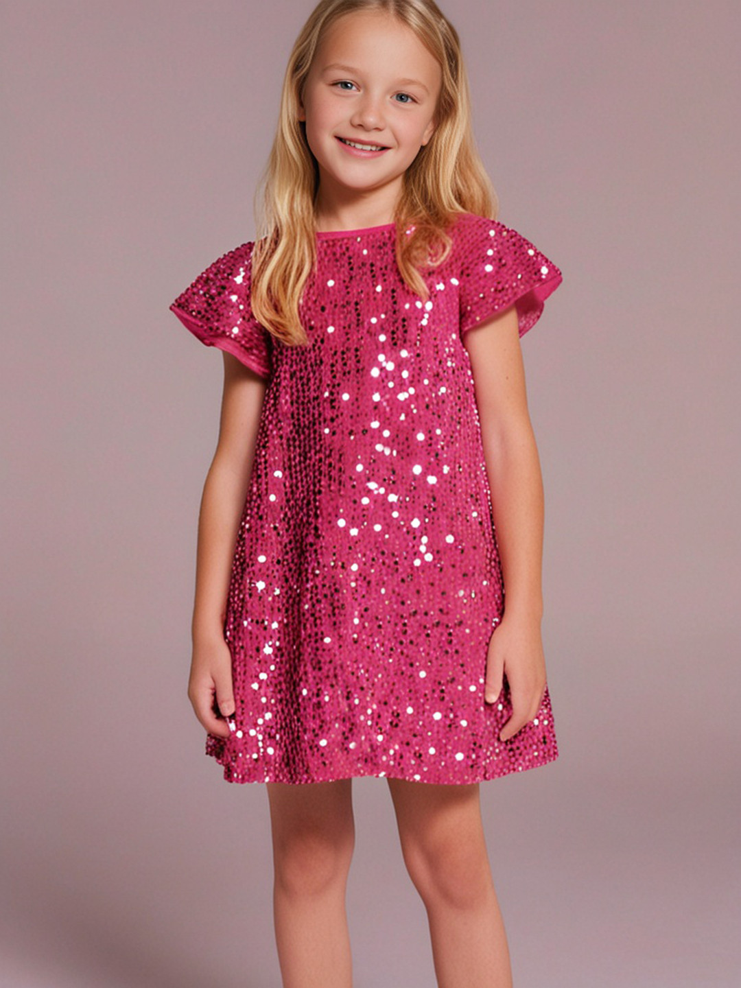Cherry Crumble Girls Sequin Embellished Flared Sleeve A-Line Dress