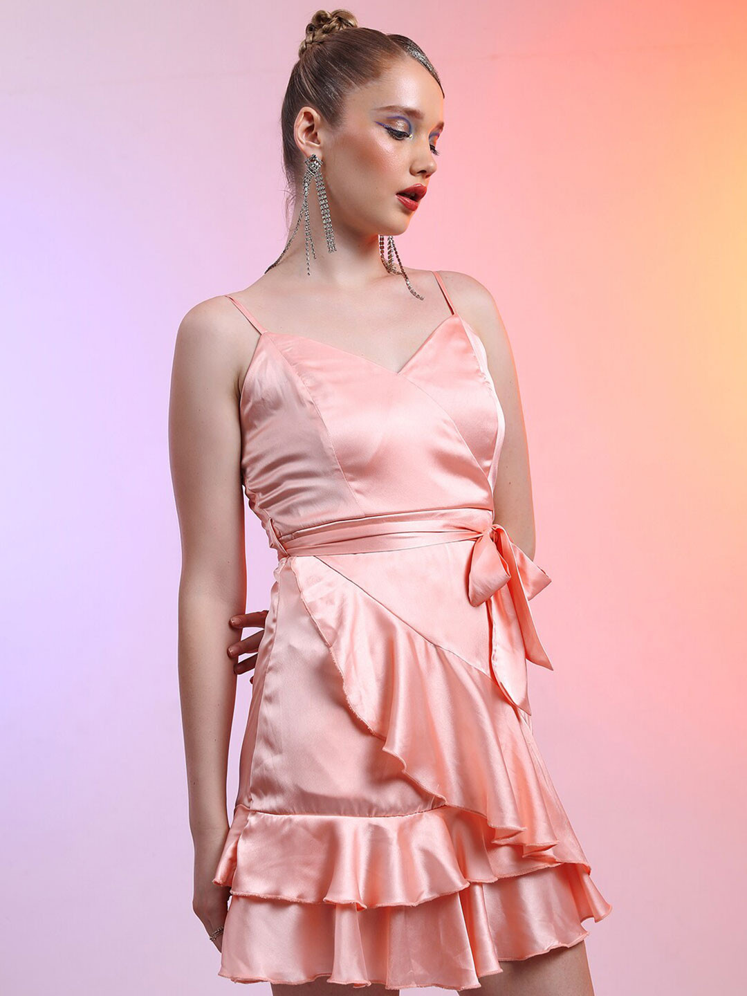 KETCH Shoulder Straps Ruffled Wrap Mini Dress