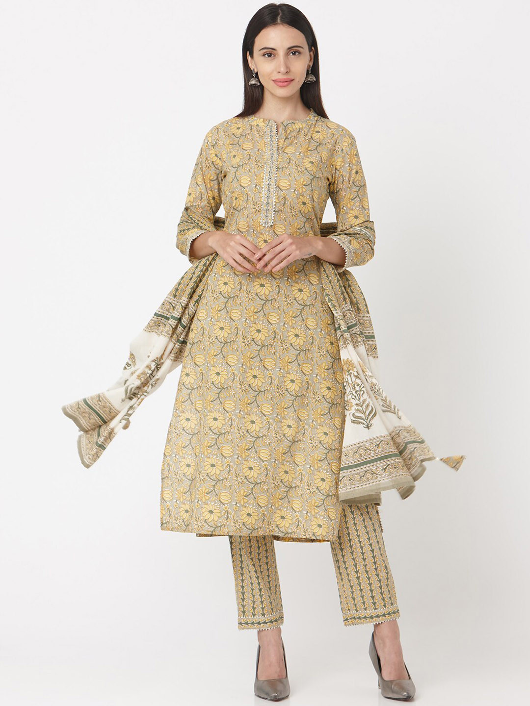Saanjh Olive Green Ethnic Motifs Printed Pure Cotton Kurta With Trousers & Dupatta