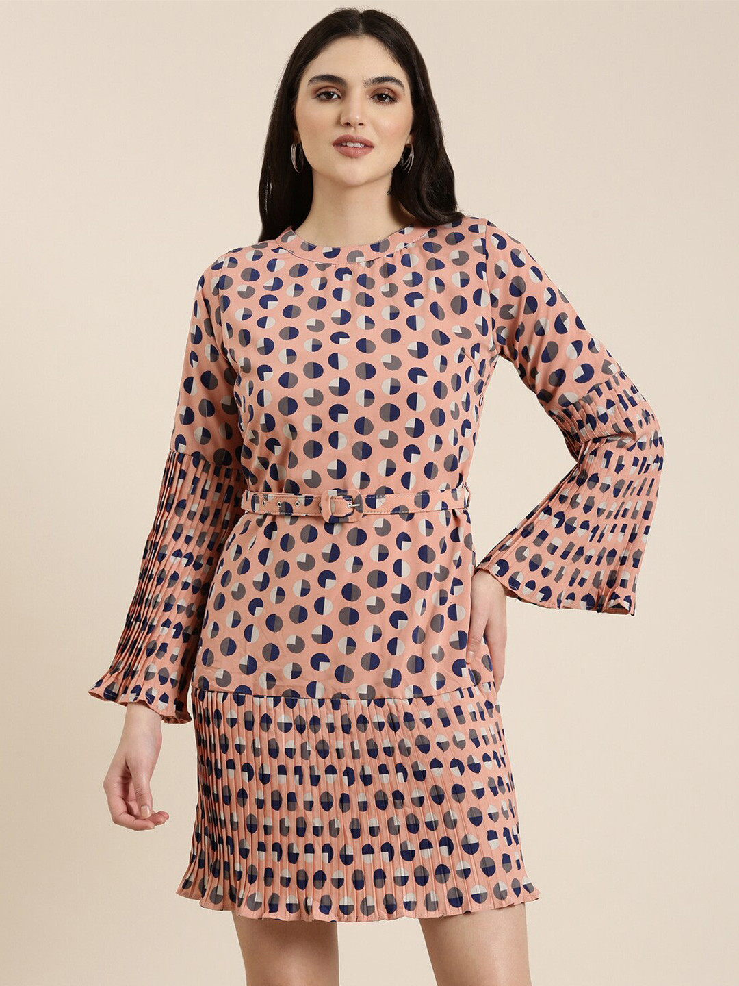 SHOWOFF Geometric Printed Bell Sleeve  A-Line Dress With Belt