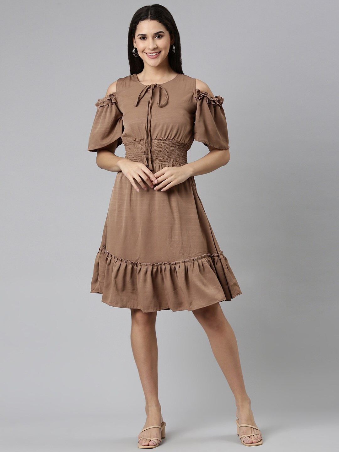 SHOWOFF Cold-Shoulder Sleeve Smocked Ruffled A-Line Dress