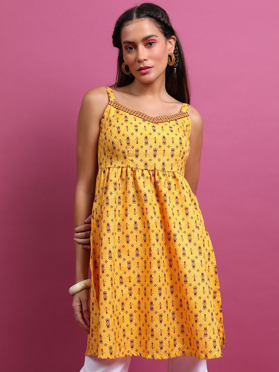 KETCH Mustard & Maroon Floral Printed Shoulder Straps A-Line Tunic