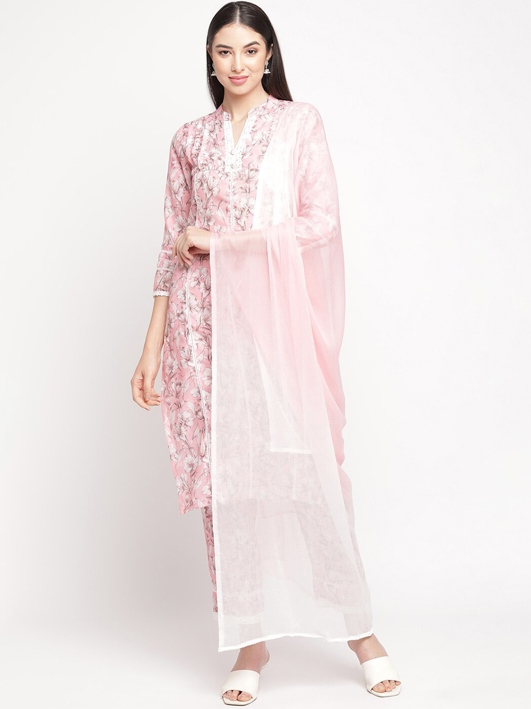 Be Indi Women Floral Printed Straight Cotton Linen Kurta Set with Trouser & Dupatta