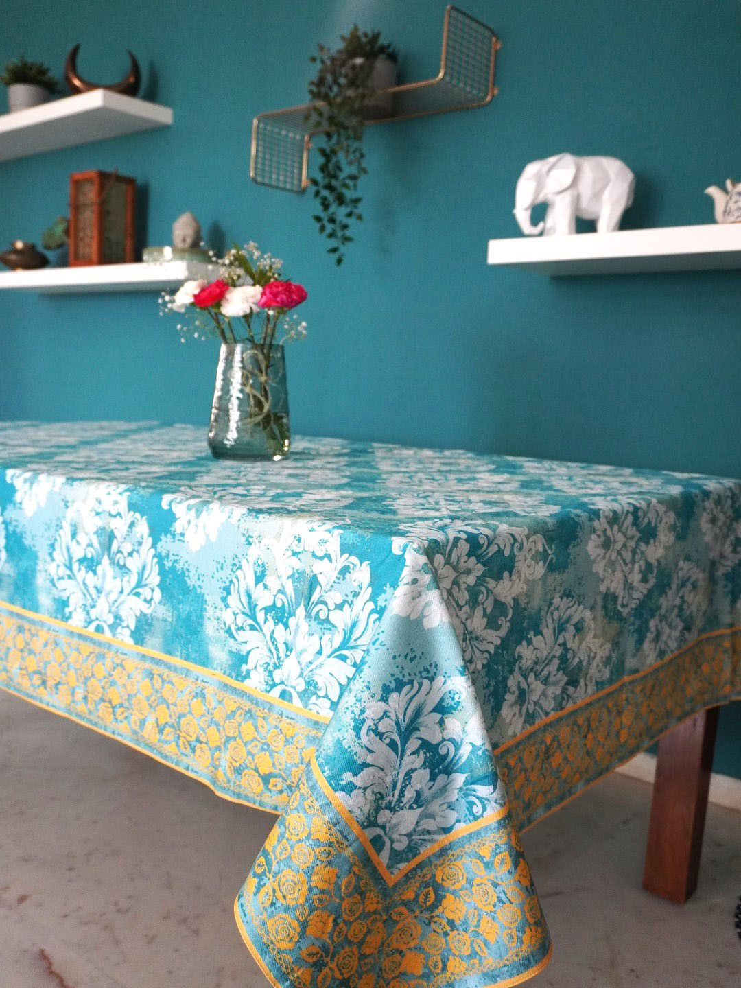 TARA- Sparkling Homes Blue & White Ethnic Motifs Printed Pure Cotton 6 Seater Table Cover