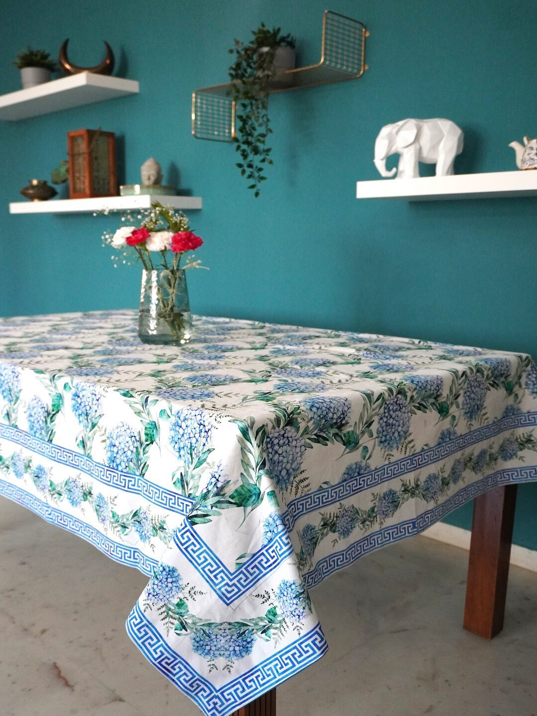 TARA- Sparkling Homes White & Blue Floral Printed Pure Cotton 6 Seater Table Cover