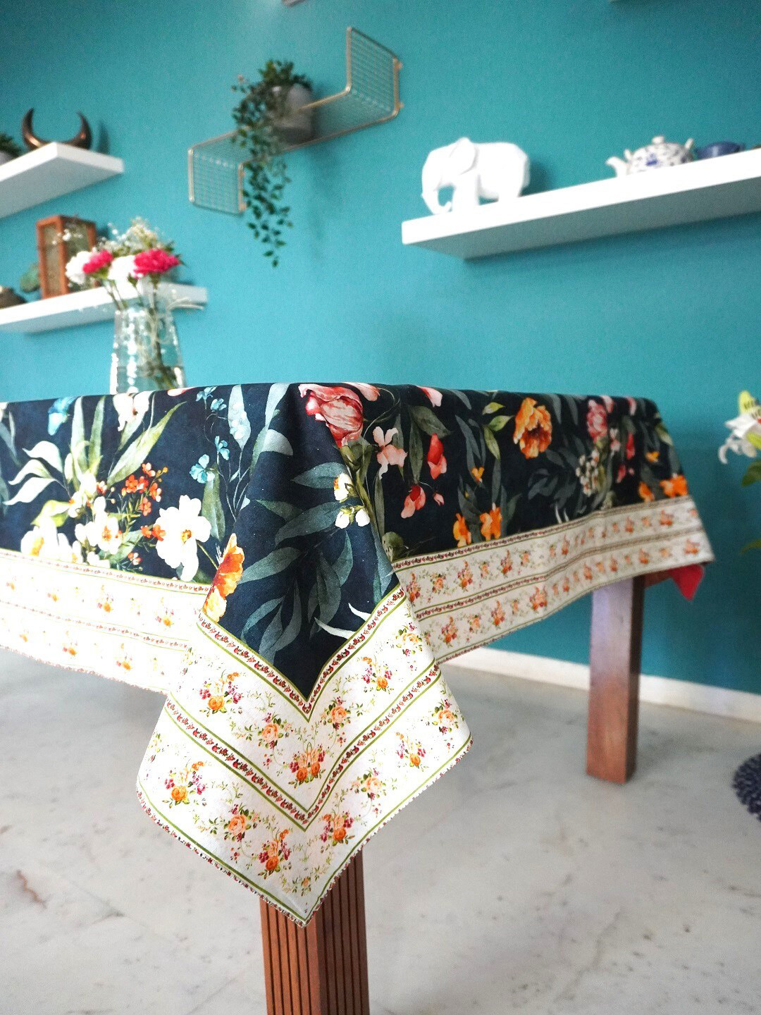 TARA- Sparkling Homes Teal Green & Off White Printed Pure Cotton 4 Seater Table Cover