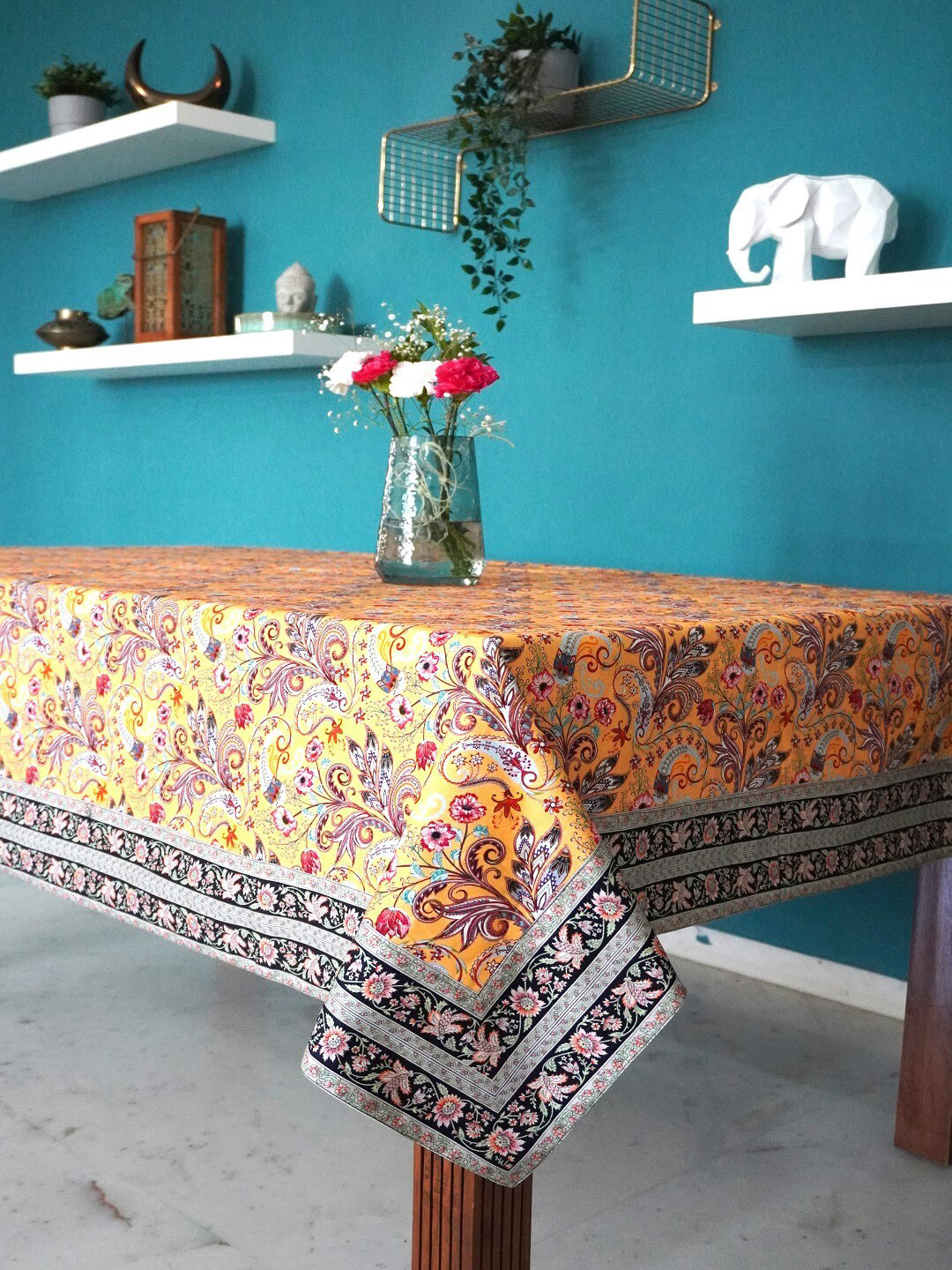 TARA- Sparkling Homes Yellow & Purple Floral Printed Pure Cotton 6 Seater Table Cover