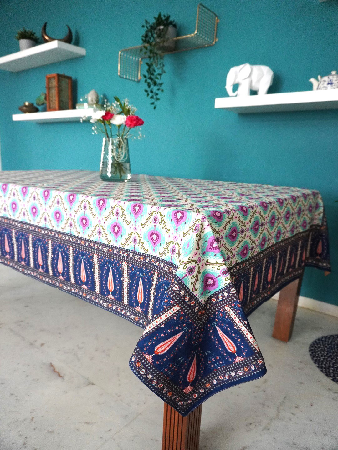 TARA- Sparkling Homes White & Purple Digital Printed Pure Cotton 6 Seater Table Cover