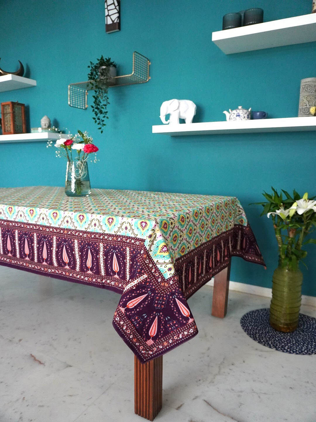 TARA- Sparkling Homes White & Green Ikat Printed Pure Cotton 4 Seater Table Cover