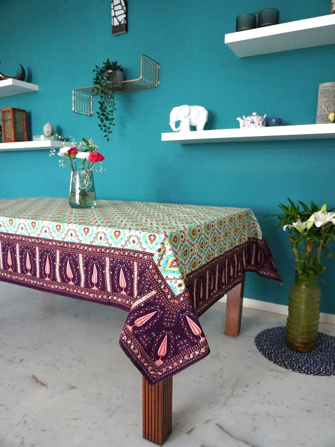 TARA- Sparkling Homes White & Green Digital Printed Pure Cotton 6 Seater Table Cover