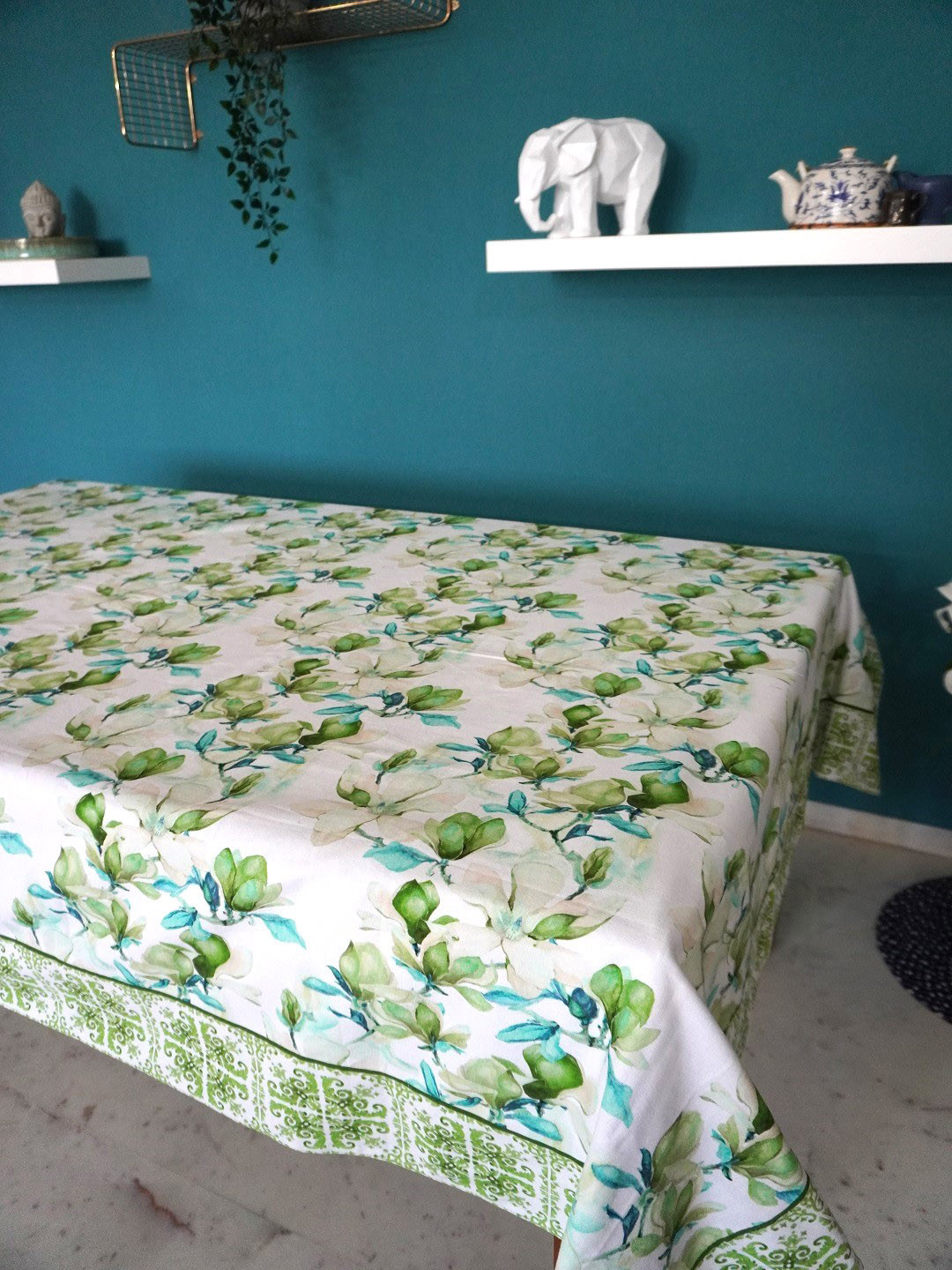 TARA- Sparkling Homes White & Green Digital Printed Pure Cotton 4 Seater Table Cover