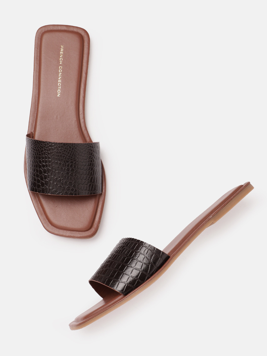 French Connection Women Snake Skin Textured Open Toe Flats