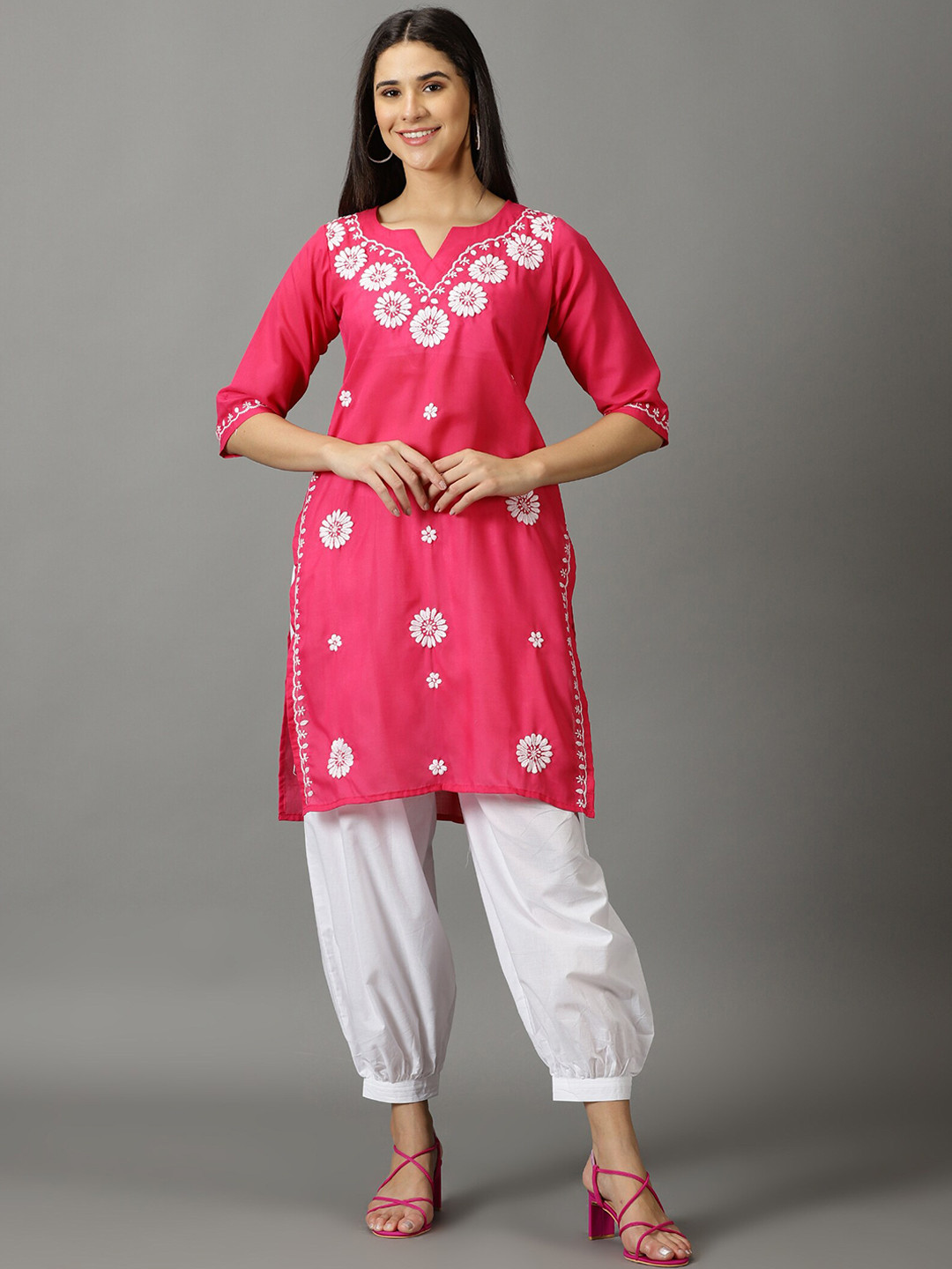 DIVINATION Floral Embroidered Chikankari Jute Cotton Kurta With Salwar