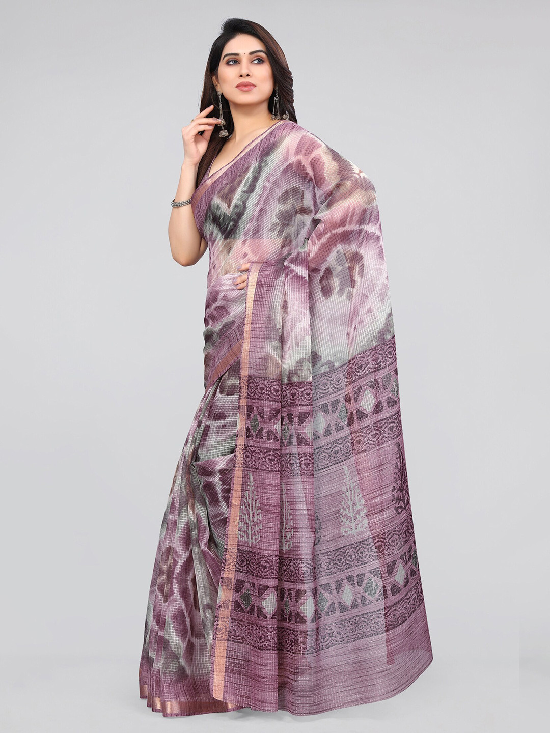 MIRCHI FASHION Magenta & Olive Green Tie And Dye Zari Block Print Saree