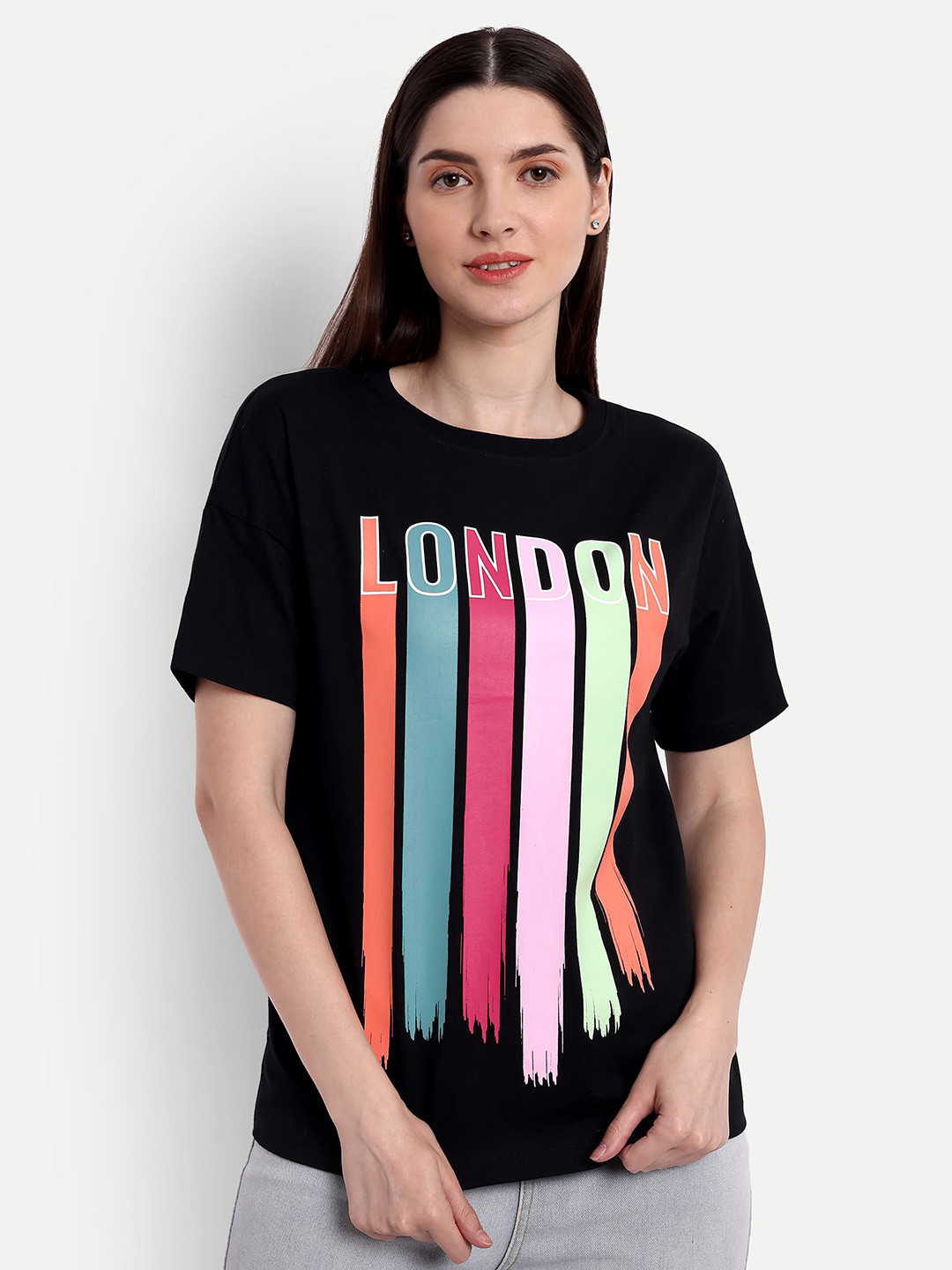 iki chic Black Graphic Printed Short Sleeves Relaxed Fit Pure Cotton T-shirt
