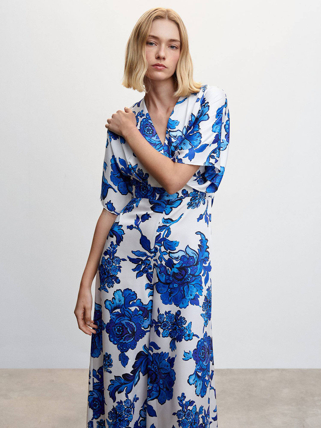 MANGO Ethnic Print Satin Finish Flared Jumpsuit