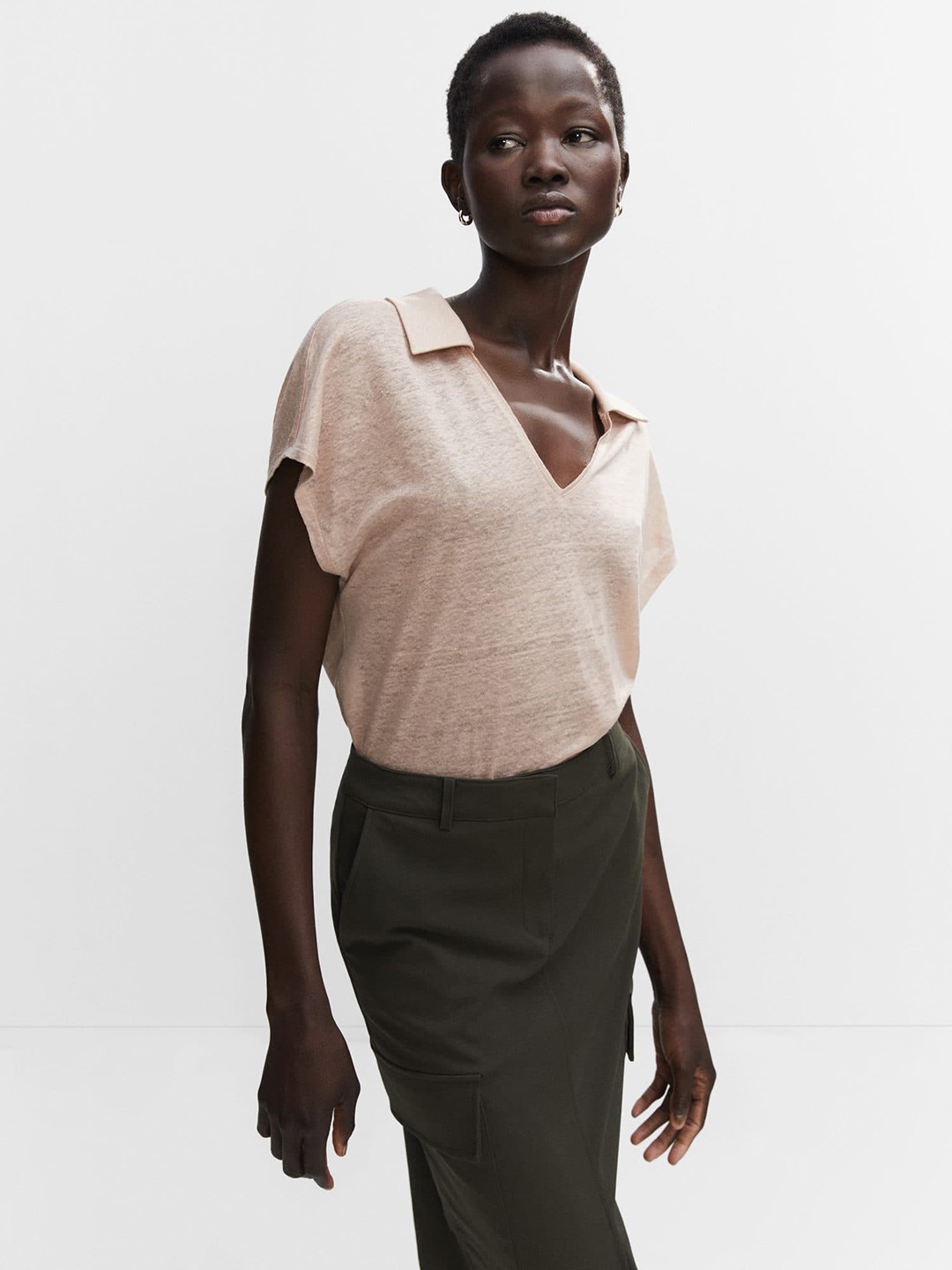 MANGO Pure Linen Polo Collar Extended Sleeves T-shirt