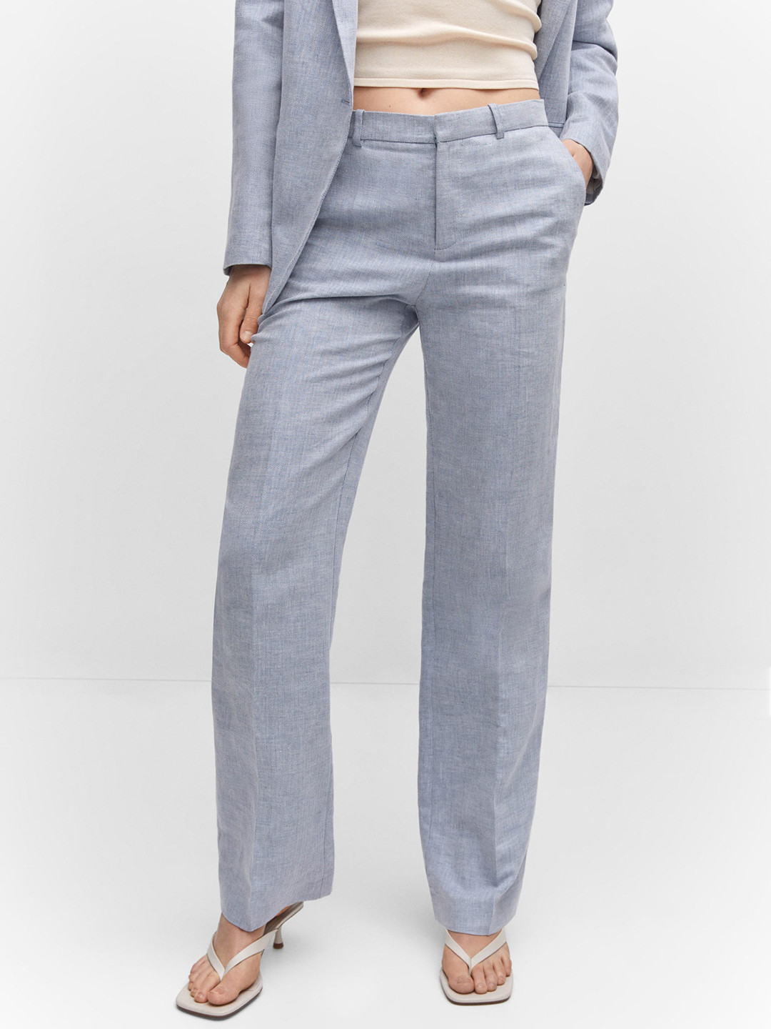 MANGO Women Linen Cotton High-Rise Formal Wide Leg Trousers