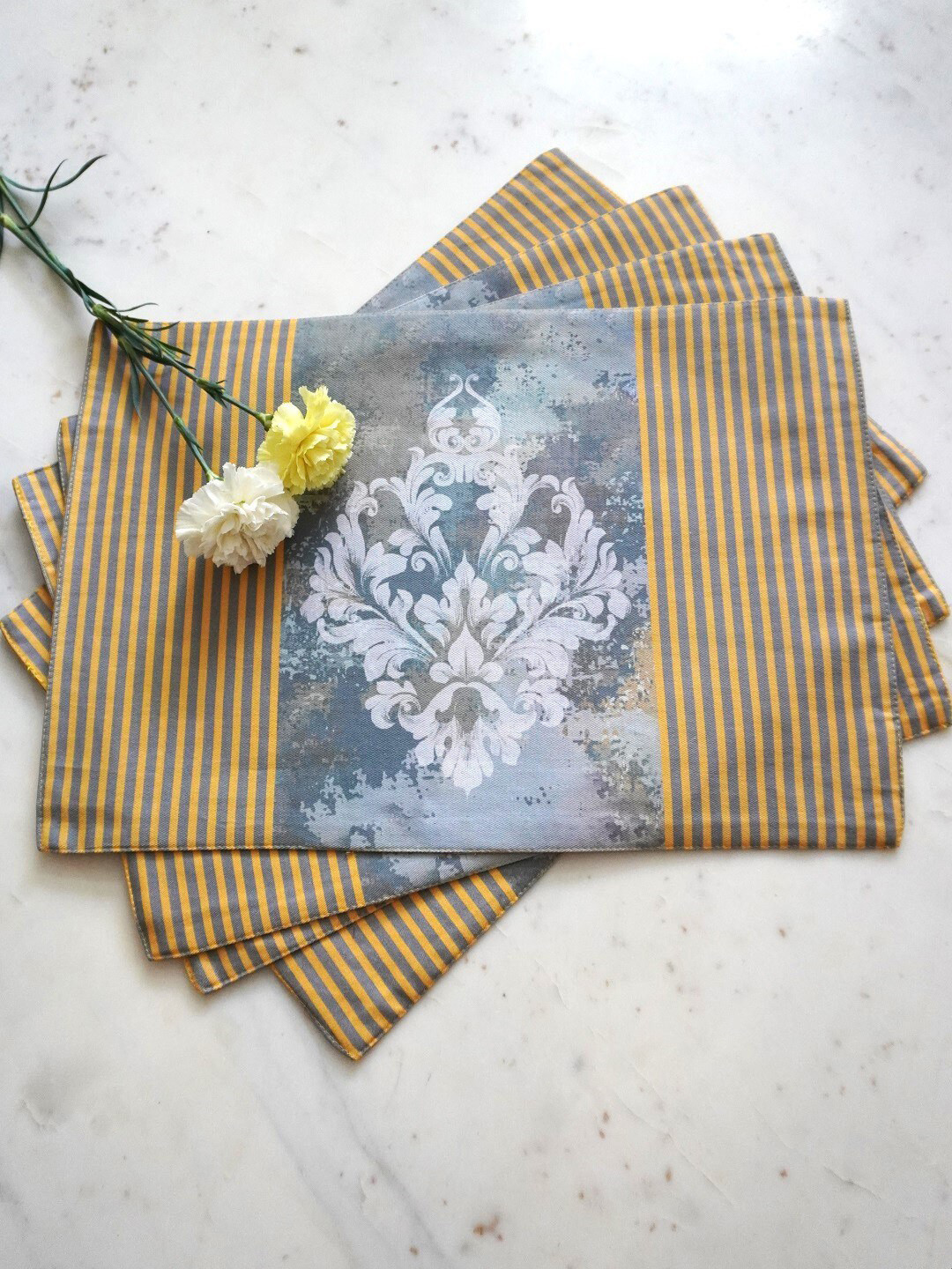 TARA- Sparkling Homes Grey 4 Pieces Printed Pure Cotton Table Placemats