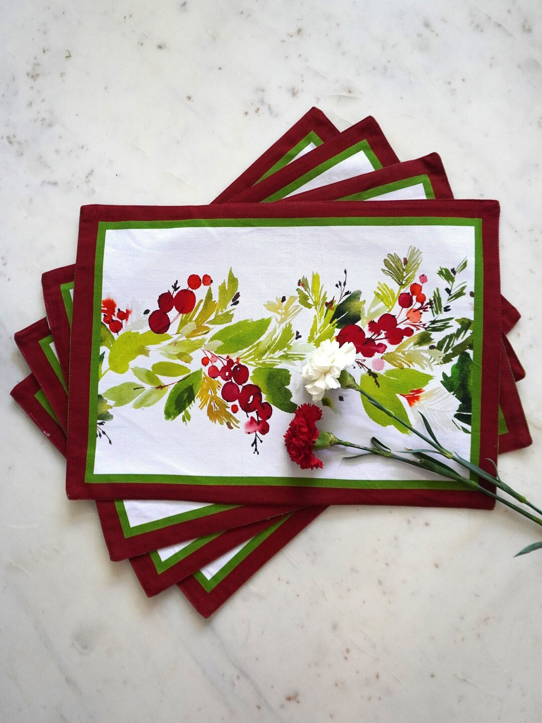 TARA- Sparkling Homes Red & White Floral 4-Pieces Printed Pure Cotton Table Placemats